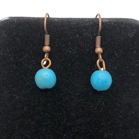 Retro Single Turquoise Bead Rose Gold Leather Lightweight Dangle Earrings - Picture 1 of 9
